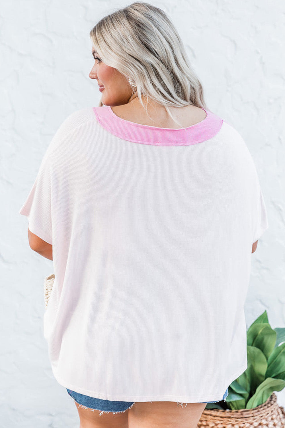 Pink Color Block Ribbed Knit V Neck Plus Size T Shirt Plus Size Tops JT's Designer Fashion