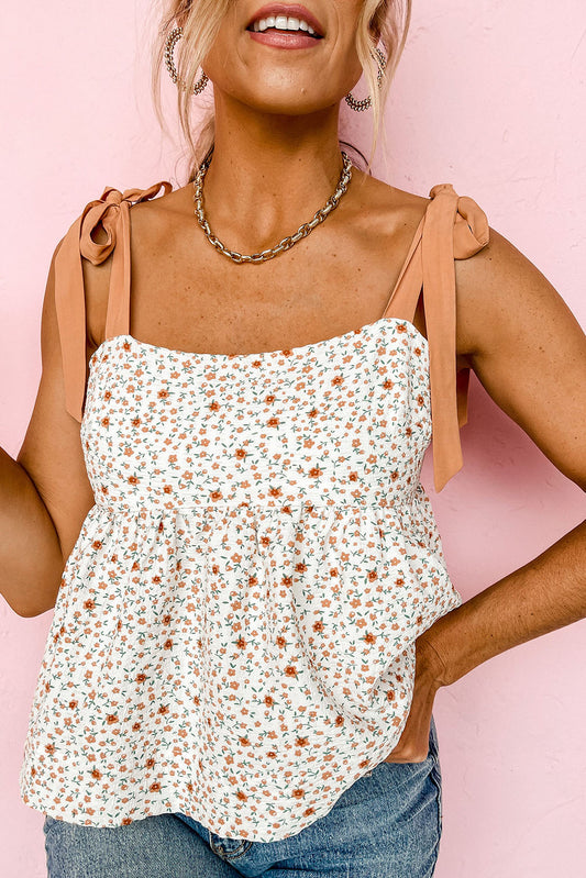 White Tied Shoulder Floral Print Babydoll Tank White 100%Polyester Tank Tops JT's Designer Fashion