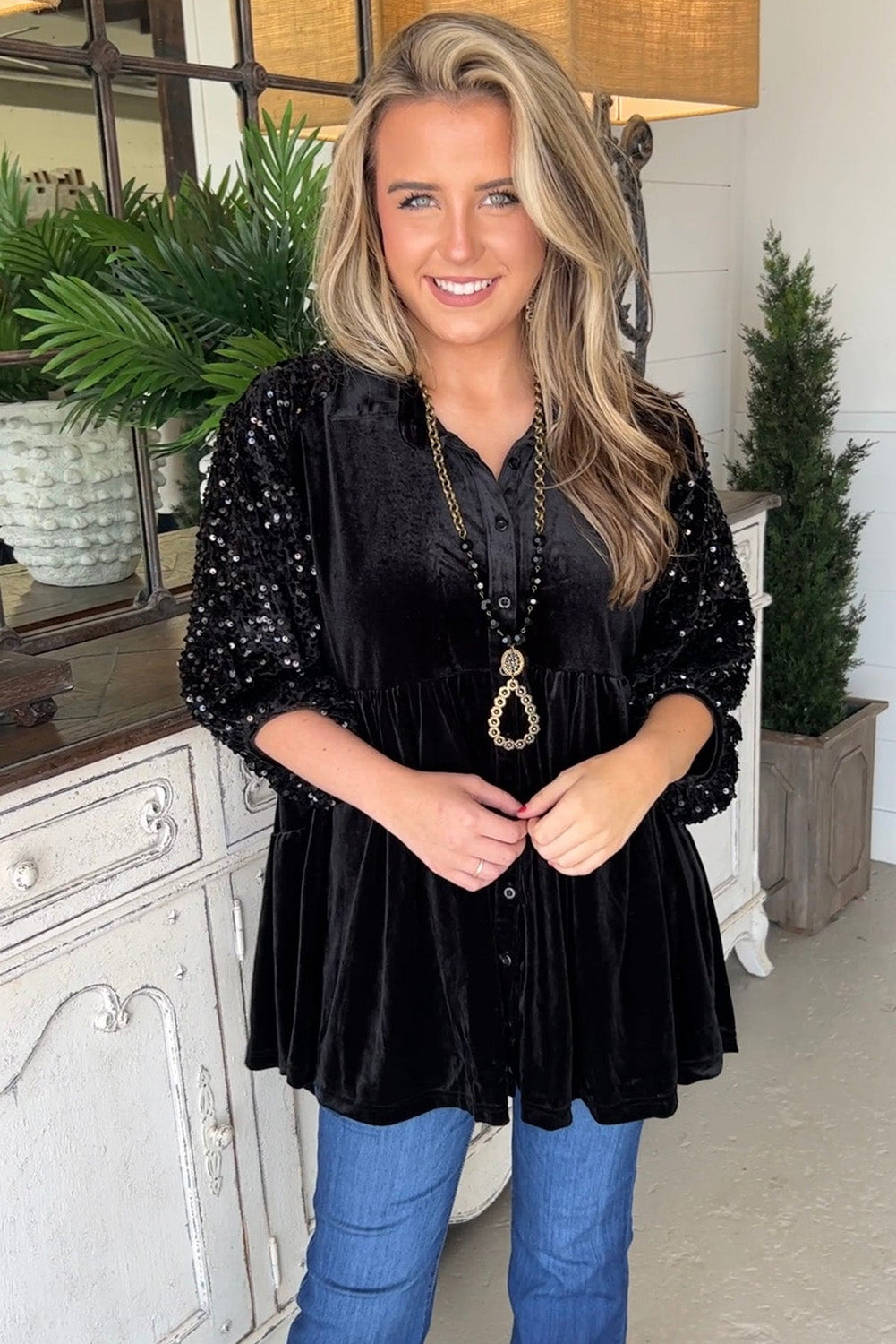 Black Sequin Puff Sleeve Buttoned Velvet Babydoll Blouse Tops & Tees JT's Designer Fashion