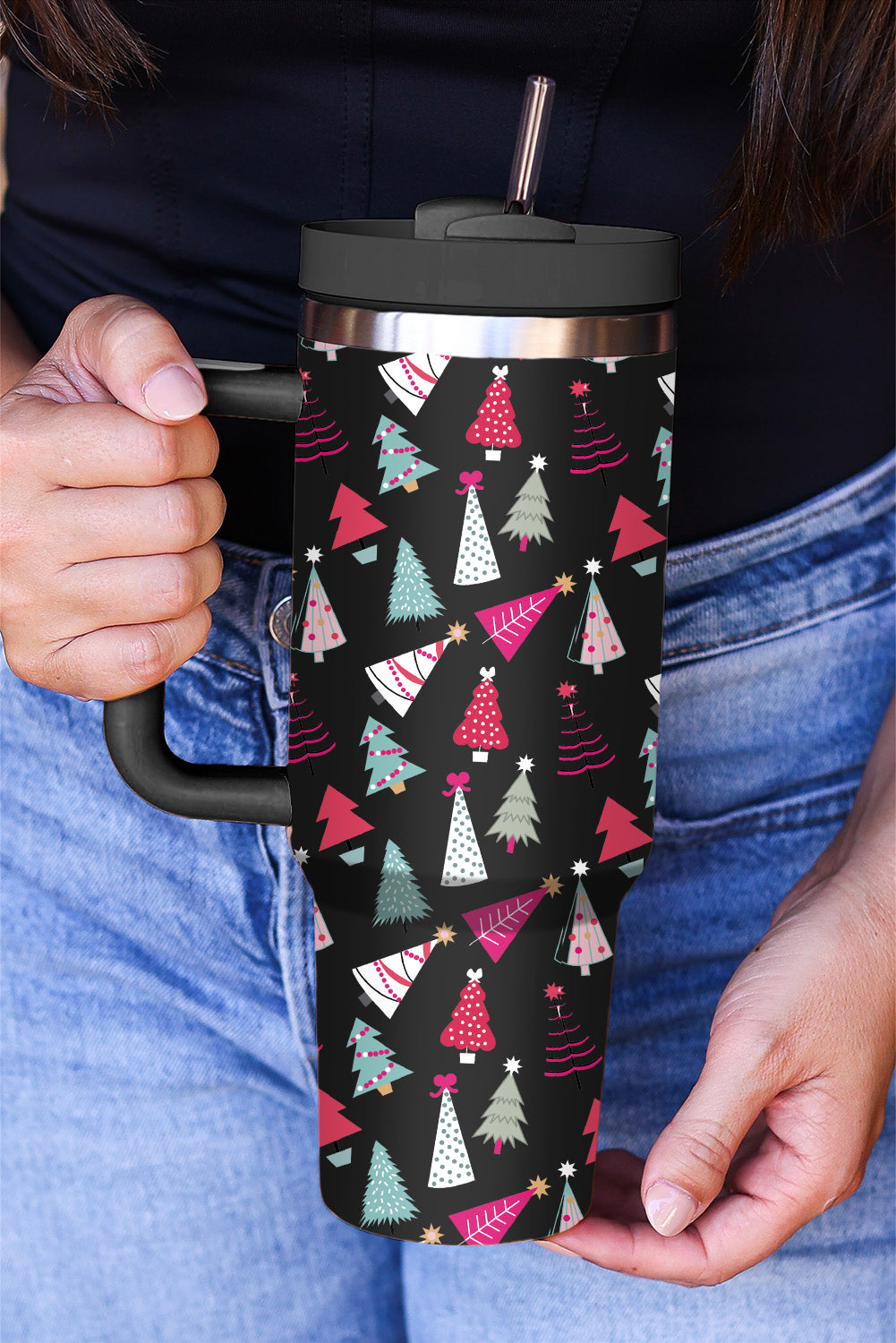 Black Cartoon Christmas Tree Printed Thermos Cup Tumblers JT's Designer Fashion