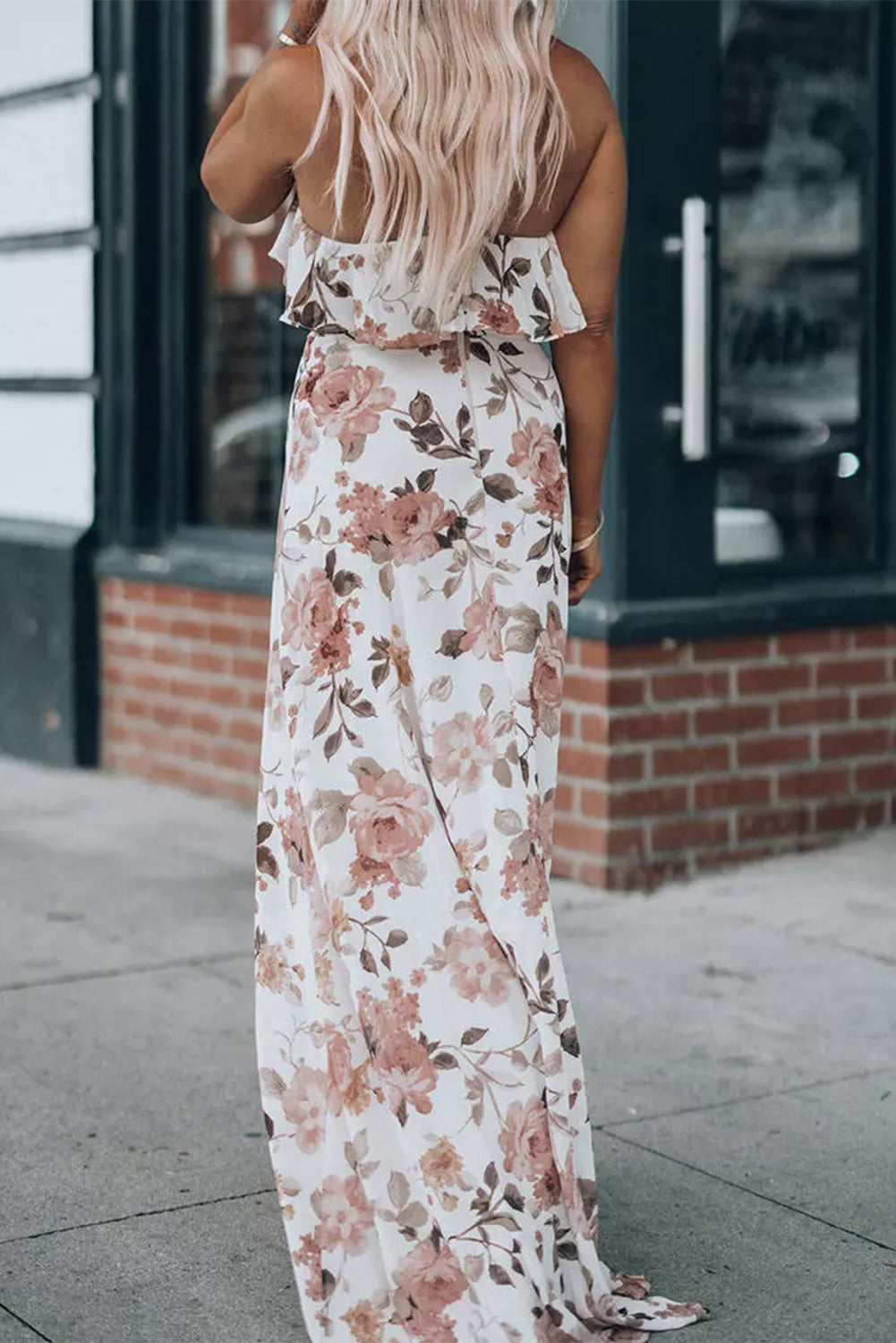 White Floral Slit Ruffled Halterneck Maxi Dress Floral Dresses JT's Designer Fashion