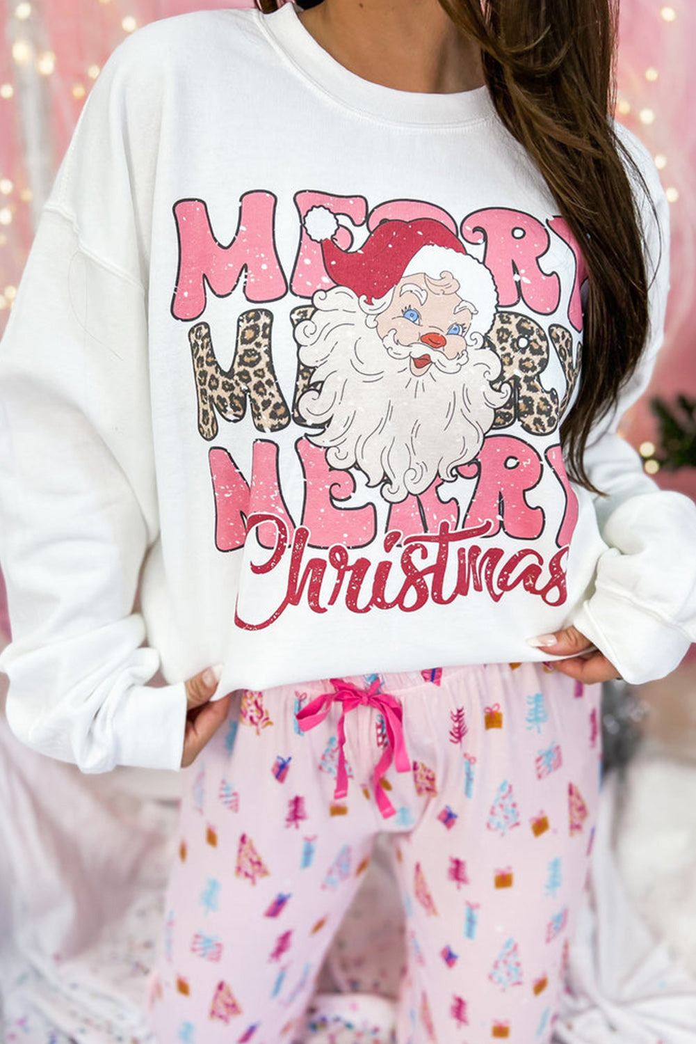 Beige MERRY Christmas Santa Claus Print Crewneck Sweatshirt Beige 70%Polyester+30%Cotton Graphic Sweatshirts JT's Designer Fashion