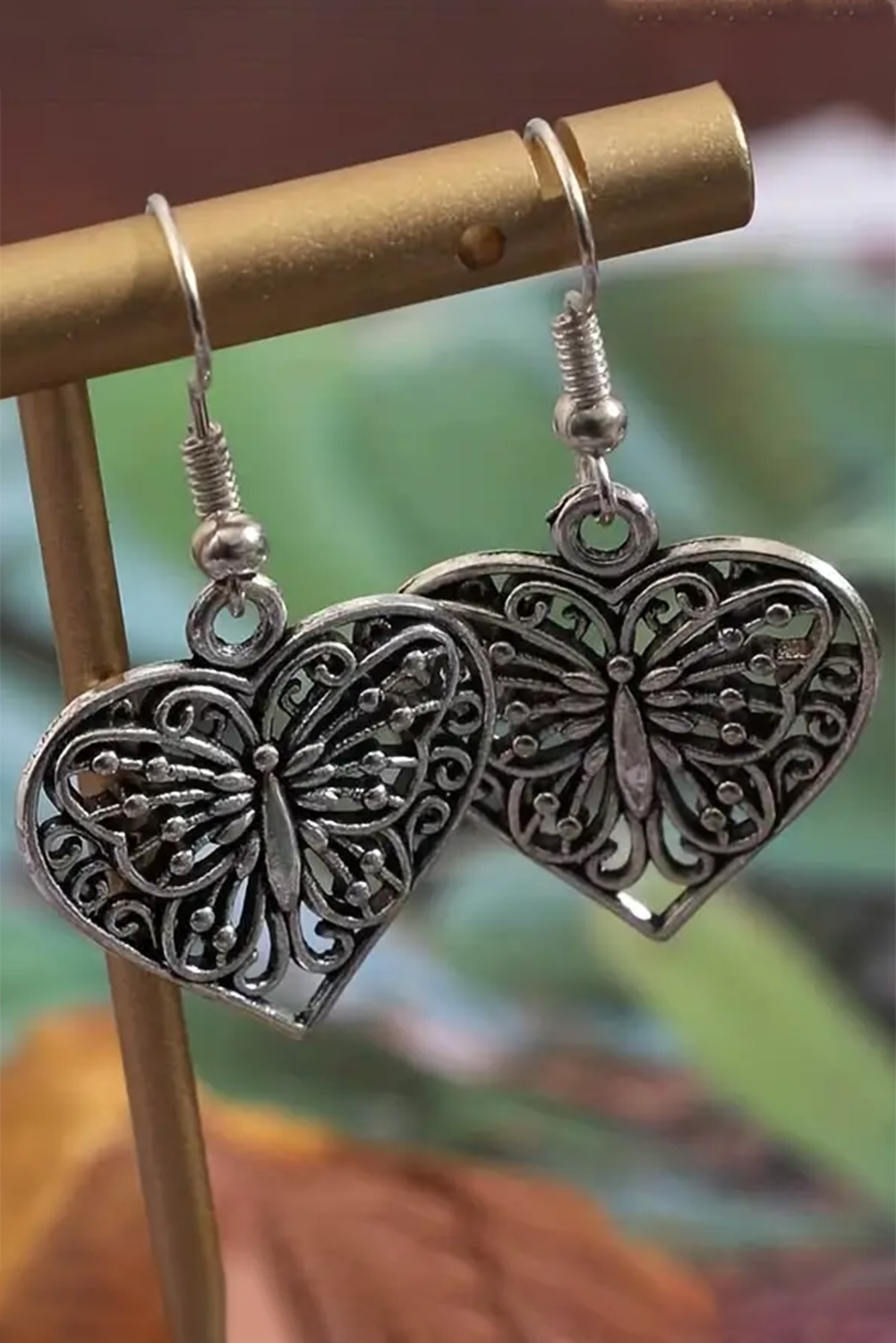 Silvery Retro Hollowed Butterfly Heart Pendant Earrings Jewelry JT's Designer Fashion