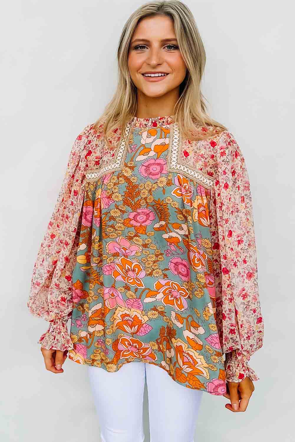 Multicolor Lace Trim Contrast Floral Long Puff Sleeve Blouse Tops & Tees JT's Designer Fashion