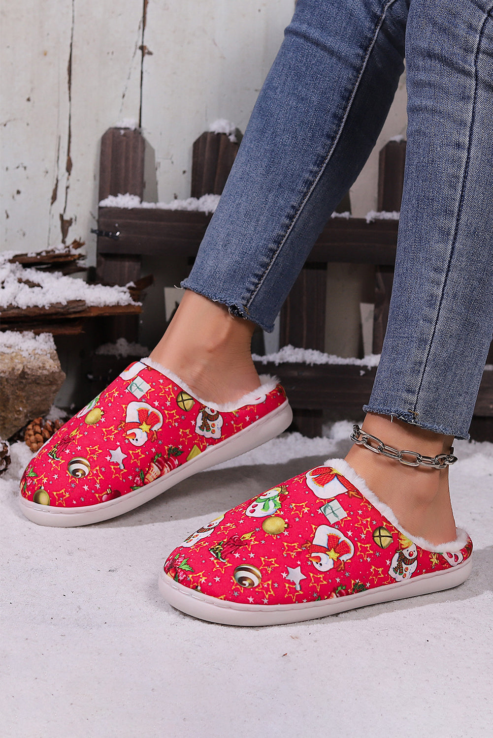 Fiery Red Christmas Cartoon Snowman Print Fuzzy Winter Slippers Slippers JT's Designer Fashion