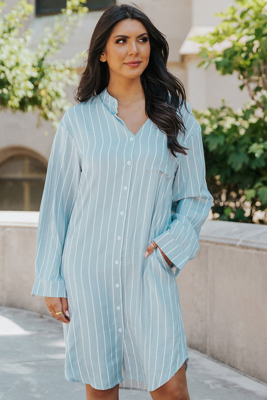 Sky Blue Striped Shirt Midi Dress with Sash T Shirt Dresses JT's Designer Fashion