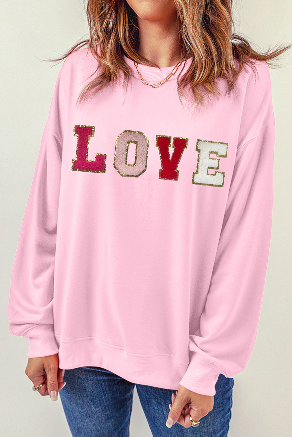 Pink Valentine LOVE Patch Sweatshirt Graphic Sweatshirts JT's Designer Fashion