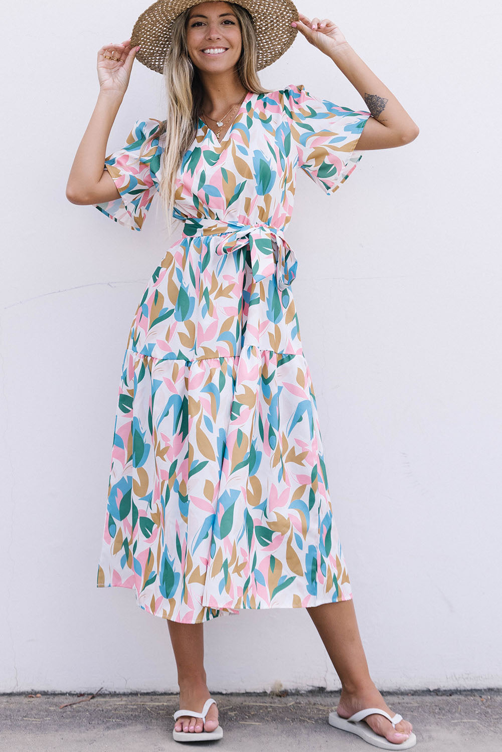 Multicolor V Neck Short Sleeves Boho Tropical Print Long Dress Floral Dresses JT's Designer Fashion