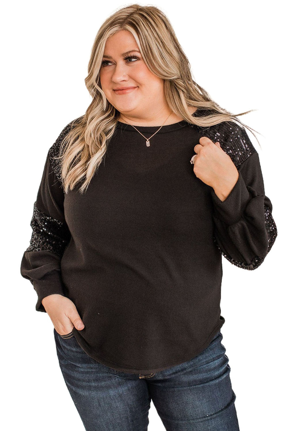 Black Plus Size Sequin Patchwork Top Plus Size JT's Designer Fashion