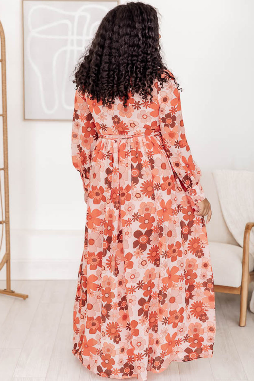 Orange Floral Print Knotted High Waist Plus Size Maxi Dress Plus Size JT's Designer Fashion