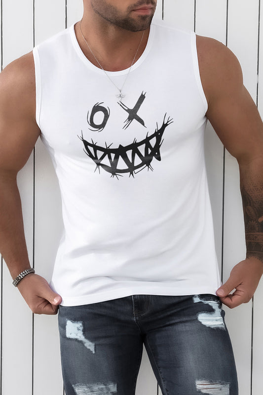 White Funny Smile Face Graphic Print Men's Tank Top White 62%Polyester+32%Cotton+6%Elastane Men's Tops JT's Designer Fashion