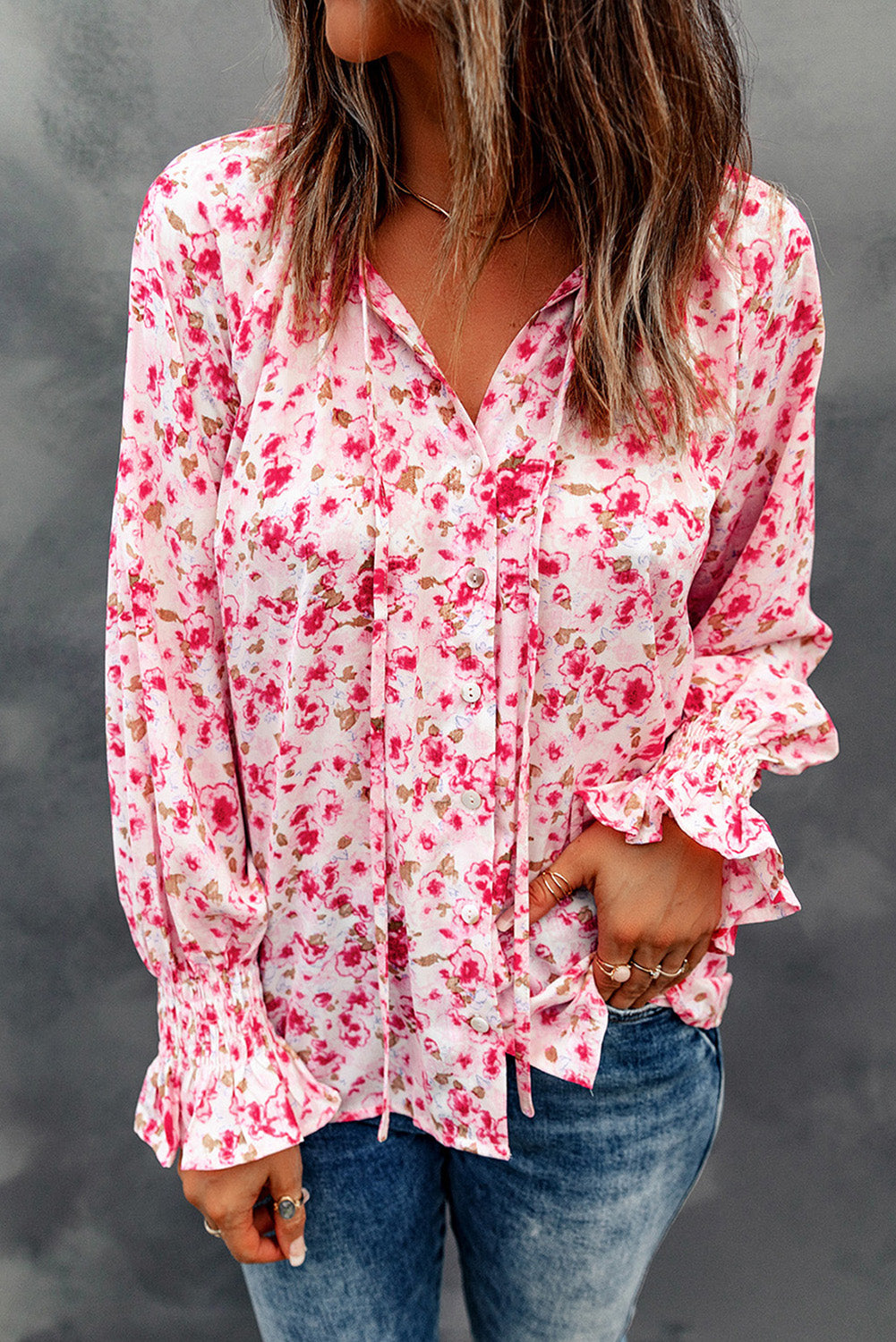 Red Floral Print Tie V Neck Button Up Blouse Blouses & Shirts JT's Designer Fashion