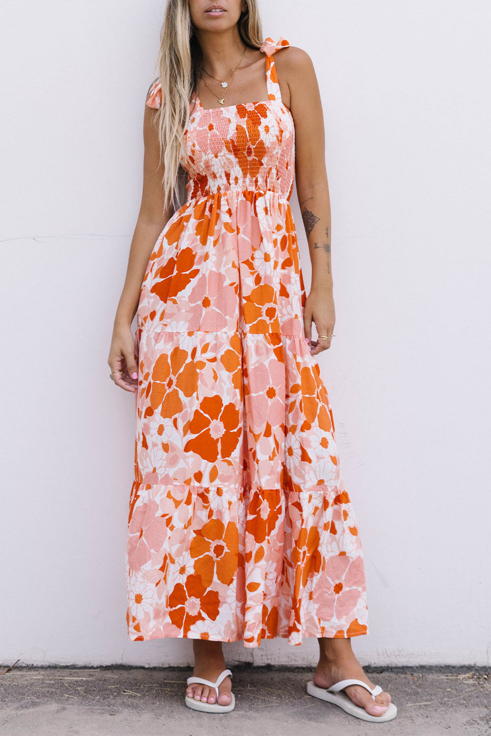 Orange Shirred Lace-up Strap Sleeveless Floral Maxi Dress Maxi Dresses JT's Designer Fashion