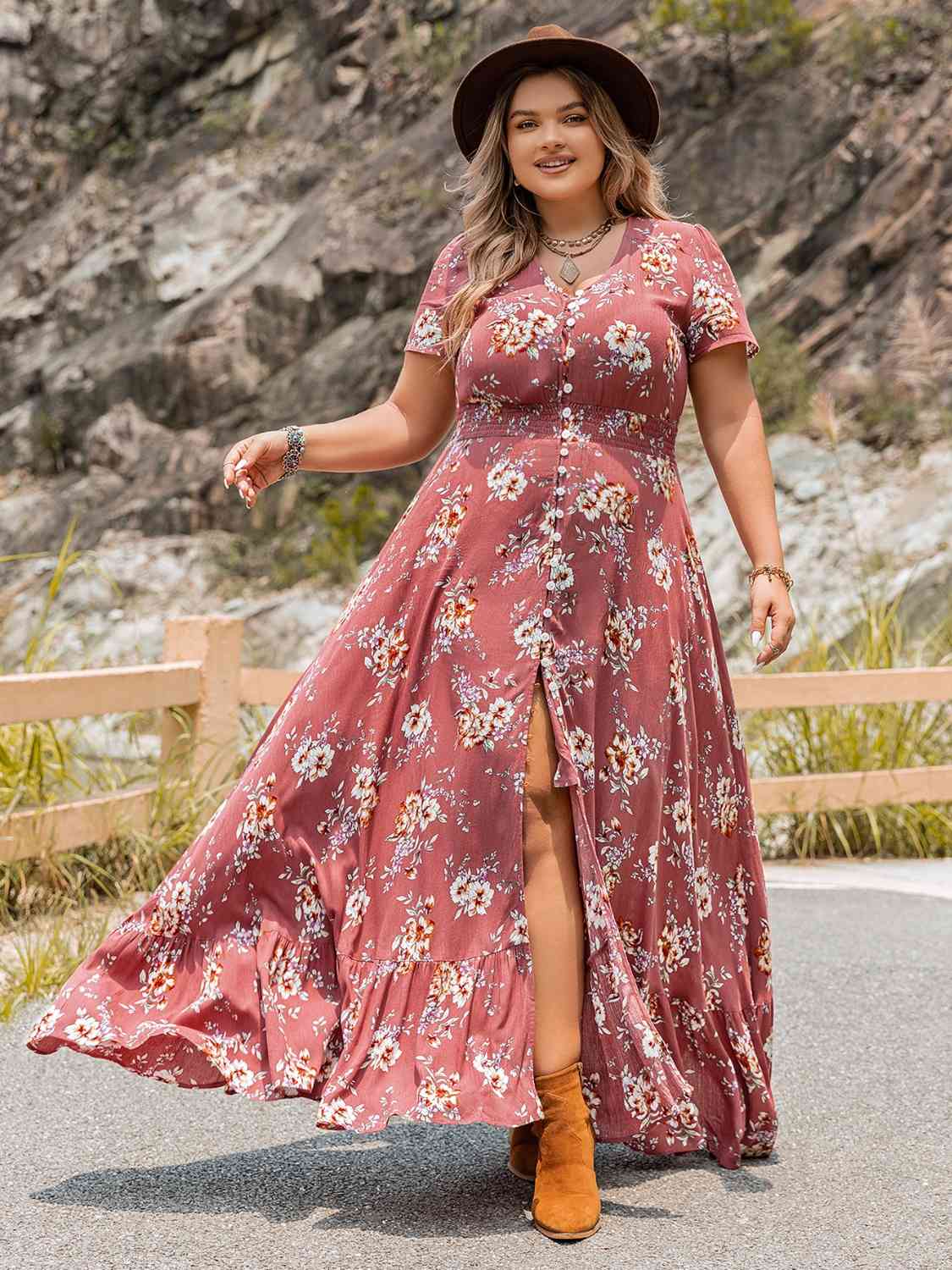 Plus Size Floral Slit Ruffle Hem Dress Burnt Coral Maxi Dresses JT's Designer Fashion