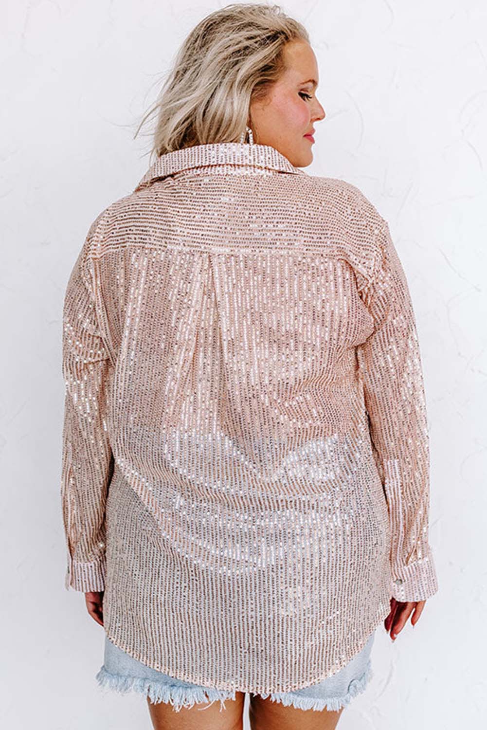 Apricot Sequin Long Sleeve Button-Up Plus Size Shirt Plus Size JT's Designer Fashion