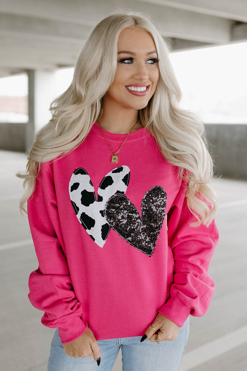 Strawberry Pink Cow & Sequin Double Heart Patch Sweatshirt Pre Order Sweatshirts & Hoodies JT's Designer Fashion