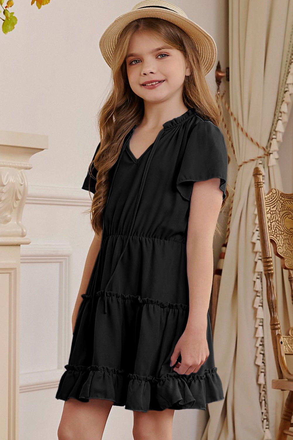 Girls Frilled Notched Neck Puff Sleeve Dress Girls Dresses JT's Designer Fashion