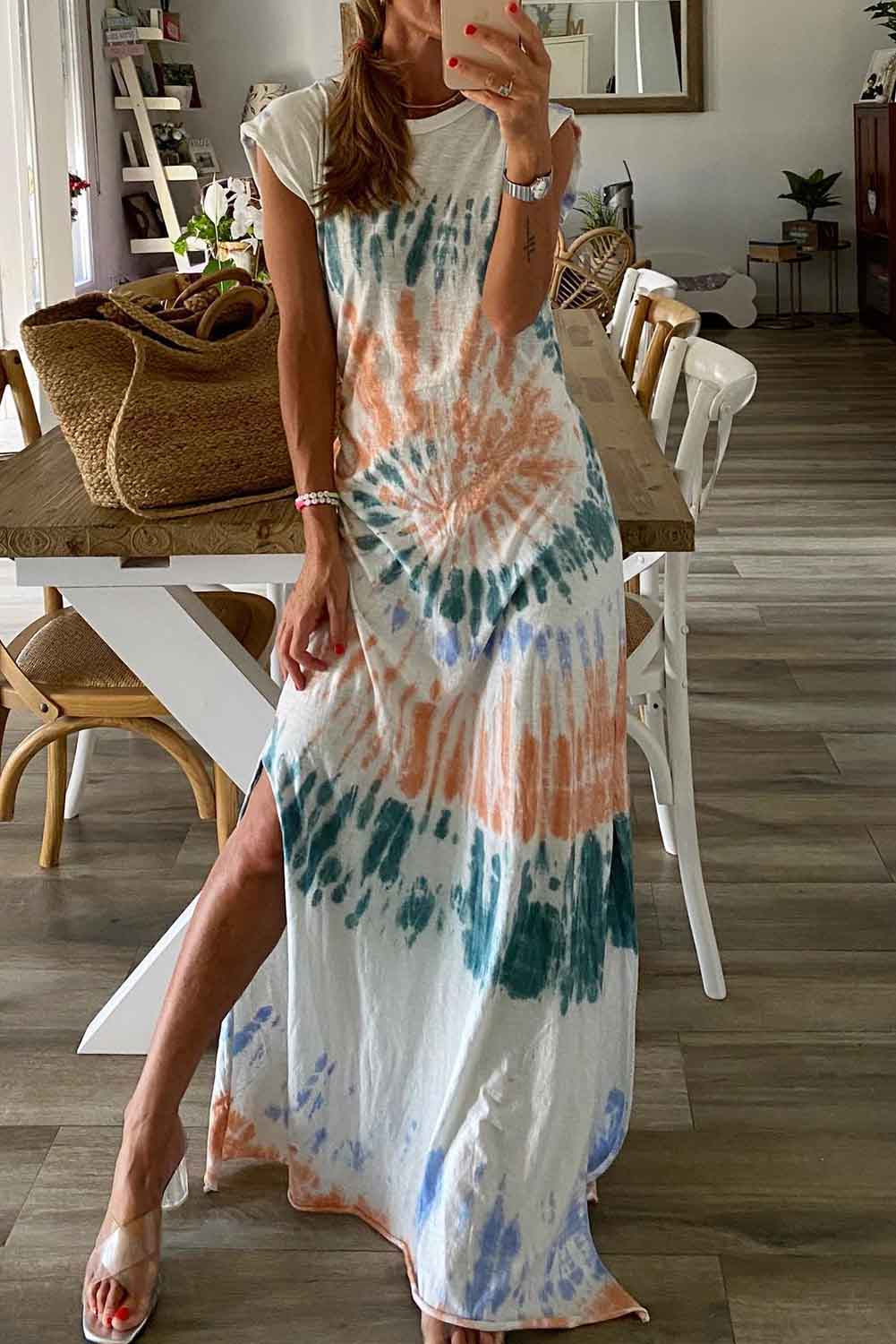 White Cap Sleeve Tie Dye Long Slit Dress Dresses JT's Designer Fashion