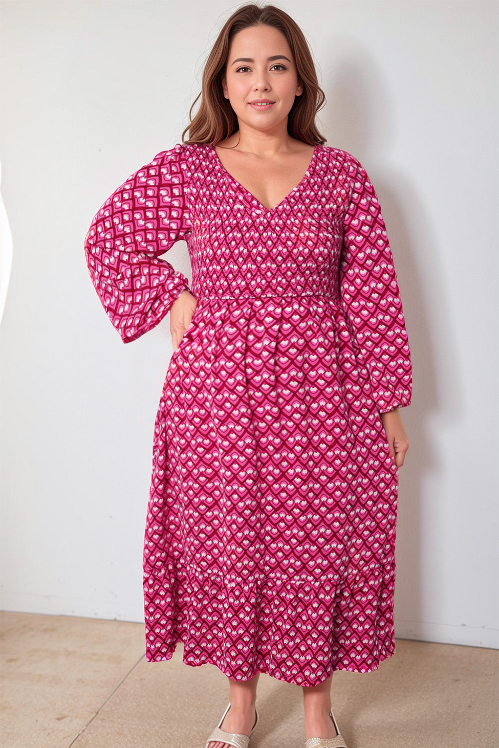 Pink Ethnic Print Wide Sleeve Plus Size Long Dress Plus Size JT's Designer Fashion