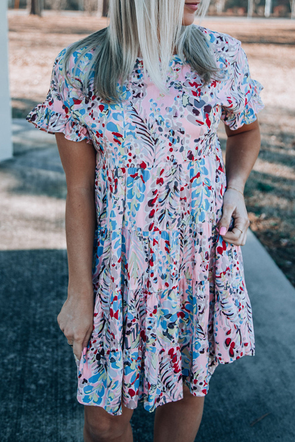 Pink Short Sleeves Floral Print Tiered Ruffled Dress Floral Dresses JT's Designer Fashion