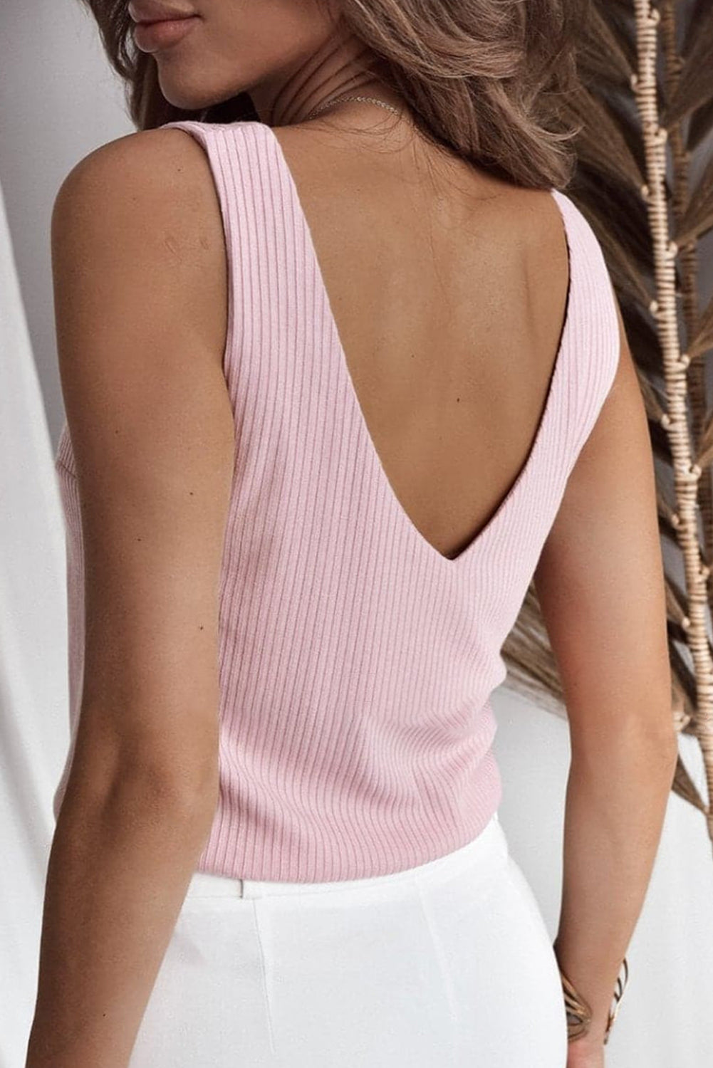 Light Pink V Neck Rib Textured Tank Top Tops & Tees JT's Designer Fashion