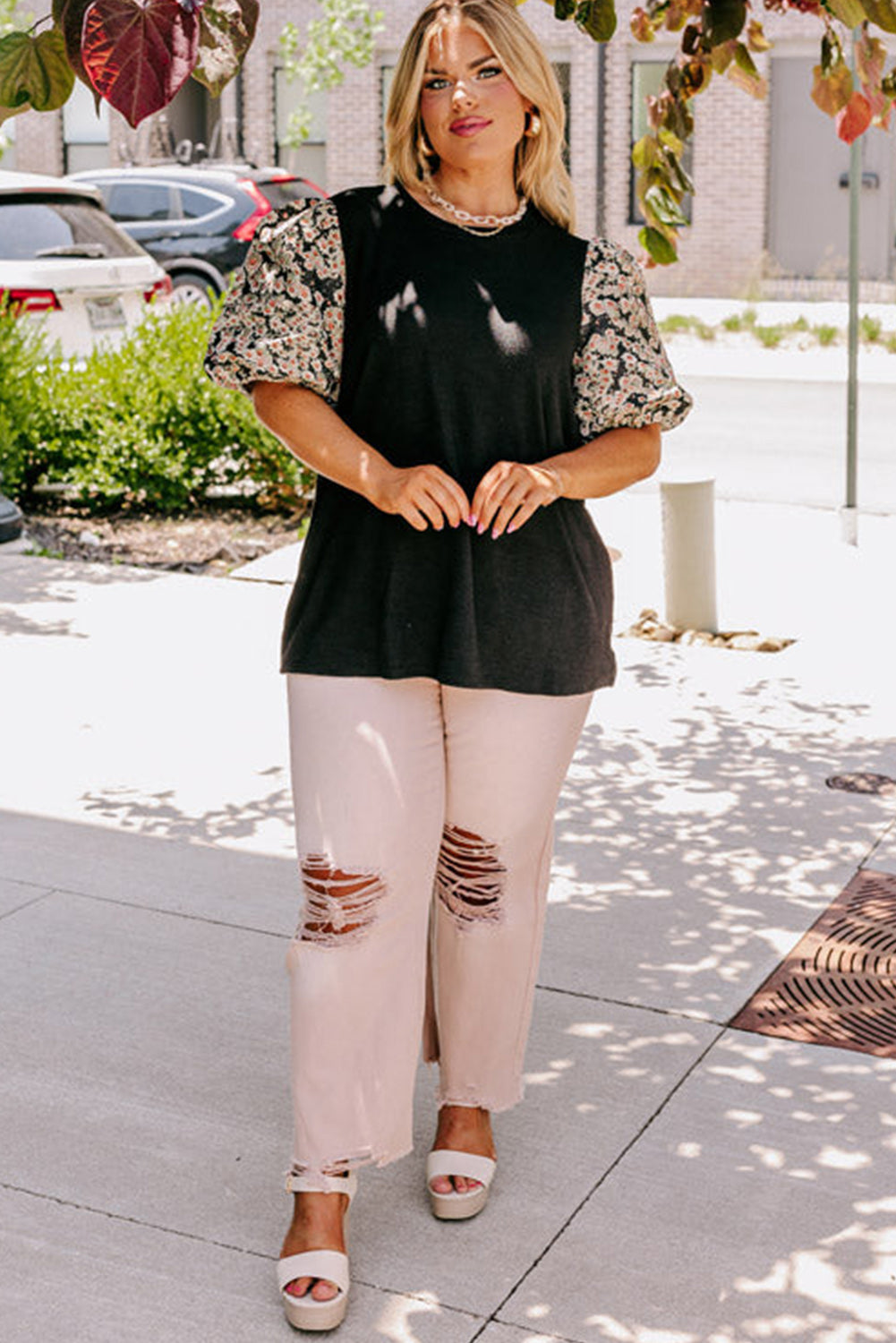 Black Daisy Printed Bubble Sleeve Plus Size Tunic Top Plus Size JT's Designer Fashion