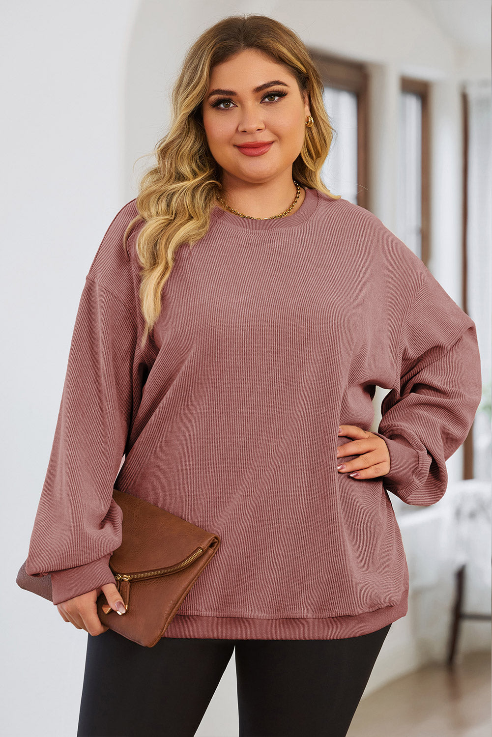 Pink Plus Size Corded Round Neck Sweatshirt Sweatshirts & Hoodies JT's Designer Fashion