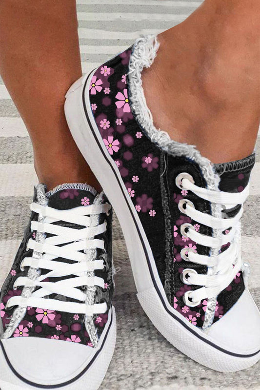 Black Floral Lace-Up Distressed Canvas Sneakers Women's Shoes JT's Designer Fashion