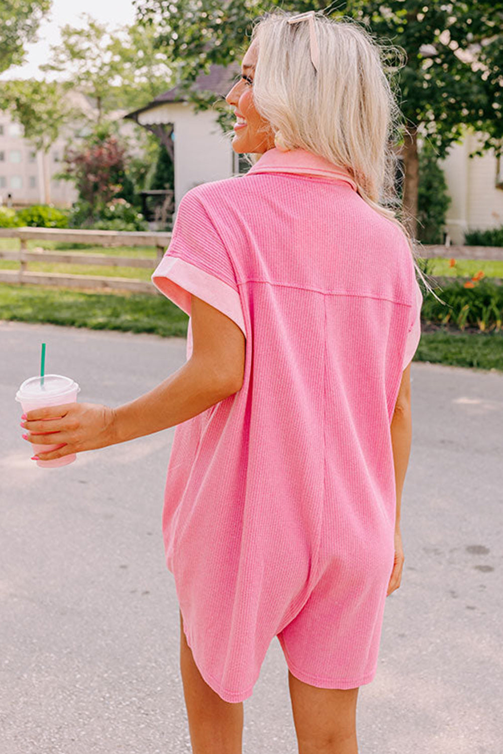 Pink Pocketed Buttoned Collared Short Sleeve Romper Bottoms JT's Designer Fashion