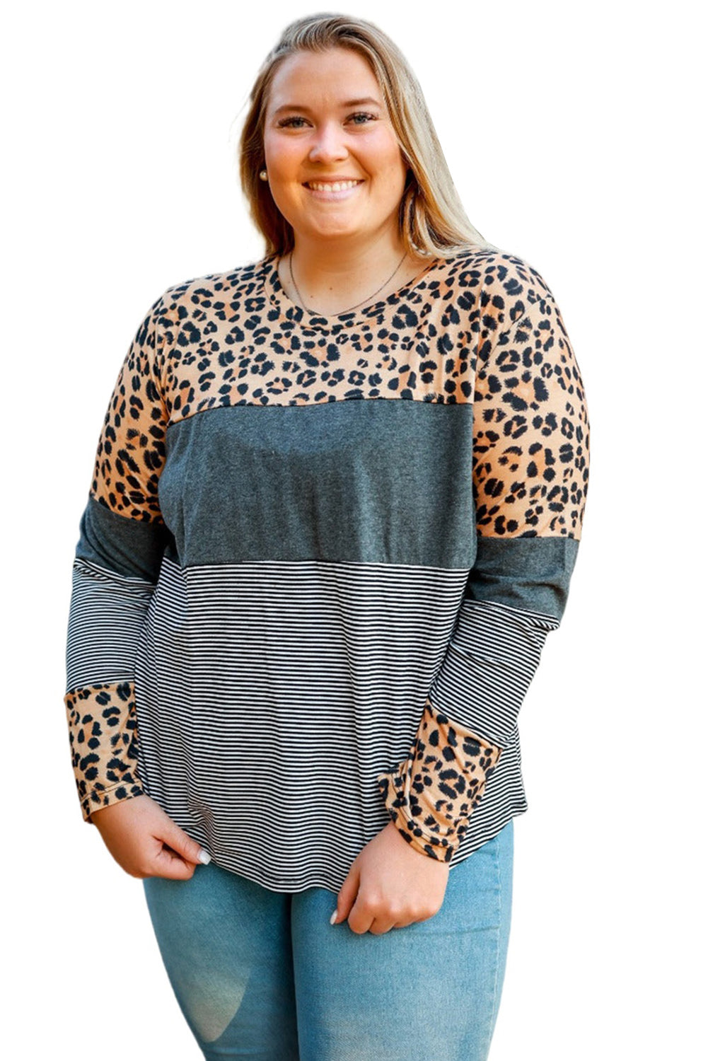 Leopard Plus Size Cow/Leopard Stripes Patchwork Long Sleeve Tee Plus Size JT's Designer Fashion