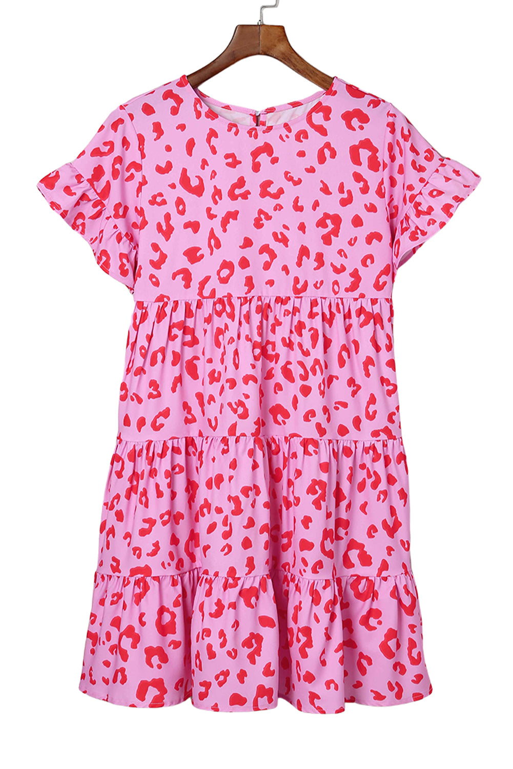 Pink Leopard Print Ruffle Short Sleeve Tiered Dress Mini Dresses JT's Designer Fashion