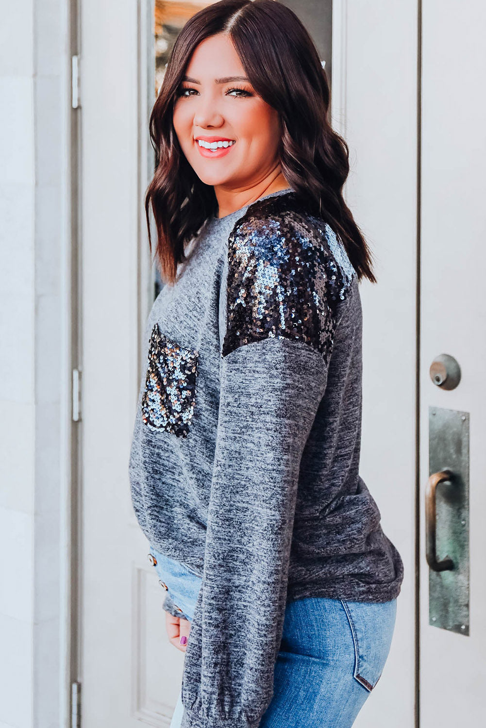 Gray Sequin Patchwork Long Sleeve Plus Size T Shirt Plus Size JT's Designer Fashion