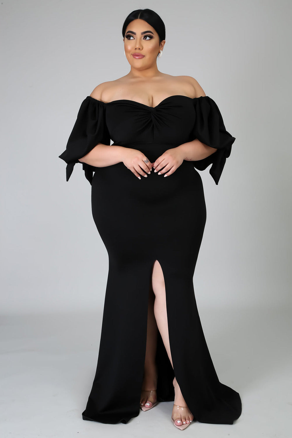 Black Bow Tie Puff Sleeve Plus Size High Slit Maxi Dress Plus Size Dresses JT's Designer Fashion