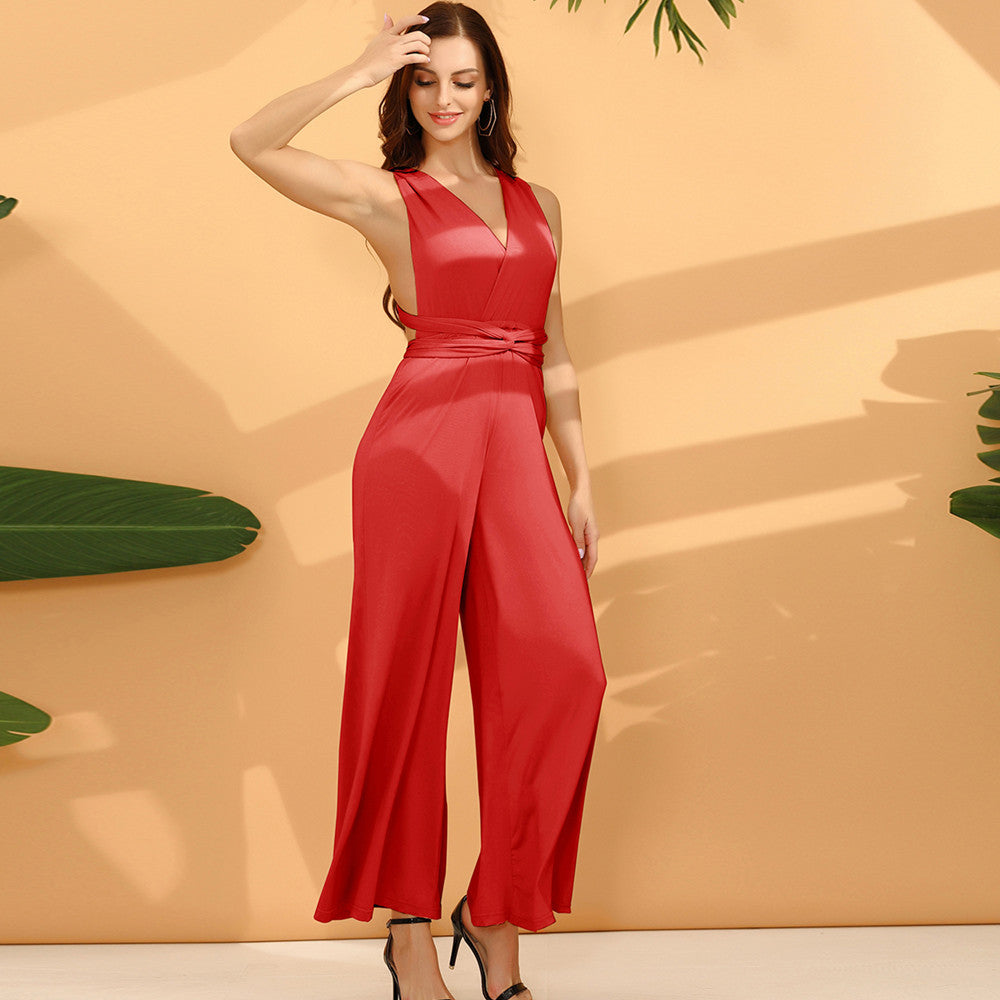 Fashion Solid Color Multi-wear French Wide-leg Pants Red Jumpsuits & Rompers JT's Designer Fashion