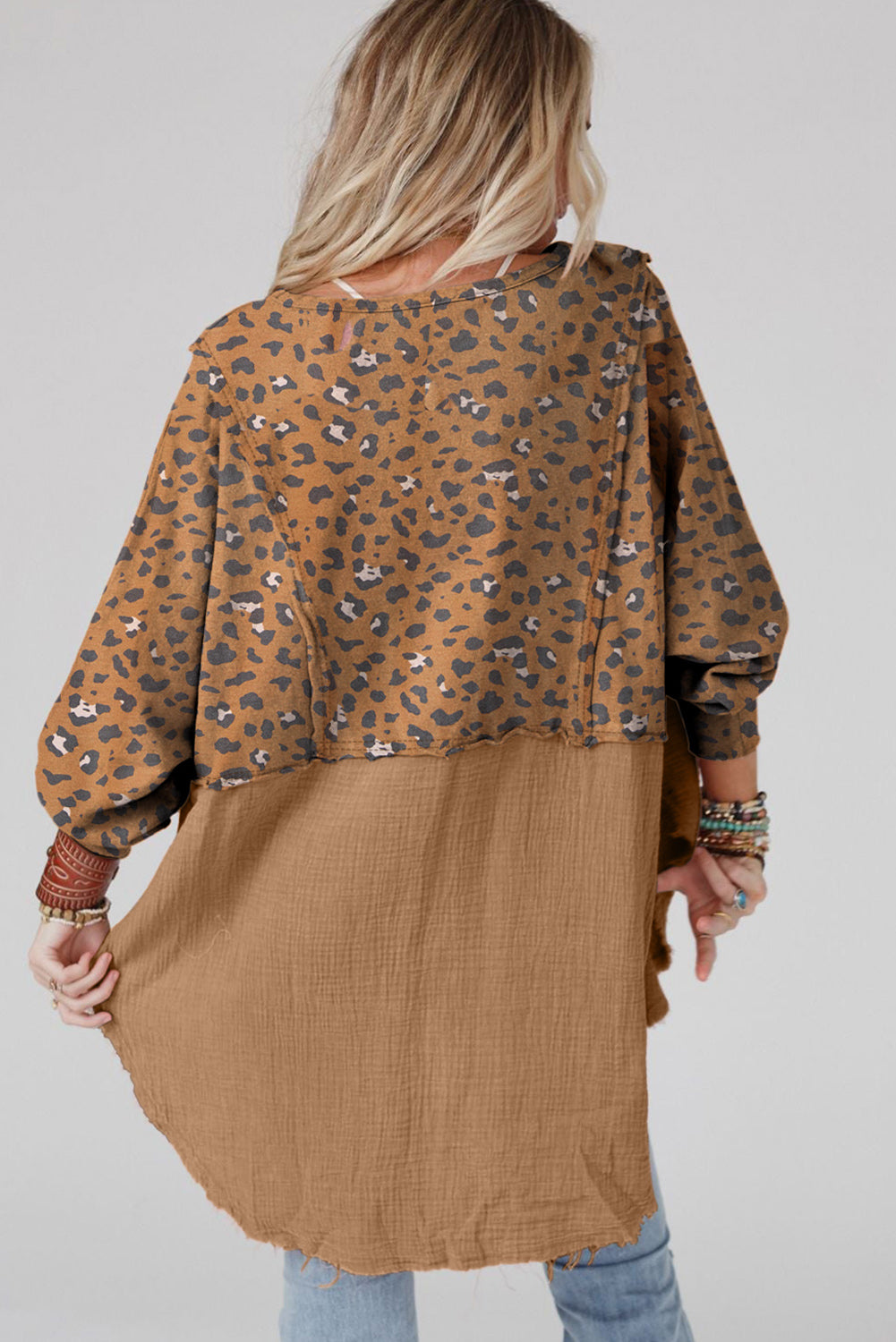 Brown Leopard Patchwork Lantern Sleeve Frayed Plus Blouse Plus Size JT's Designer Fashion