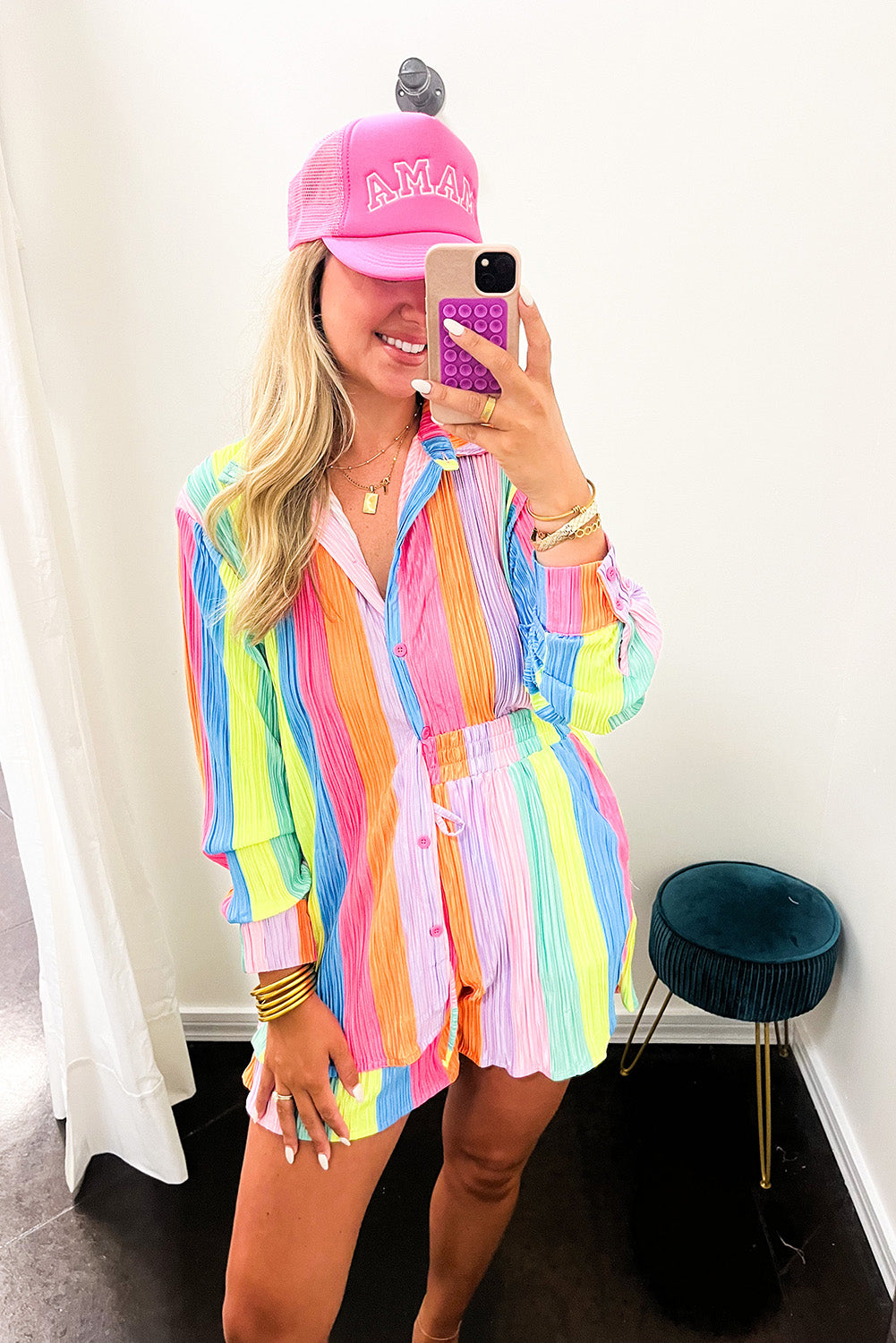 Multicolor Rainbow Stripe Crinckle Shirt and Shorts Outfit Bottoms JT's Designer Fashion