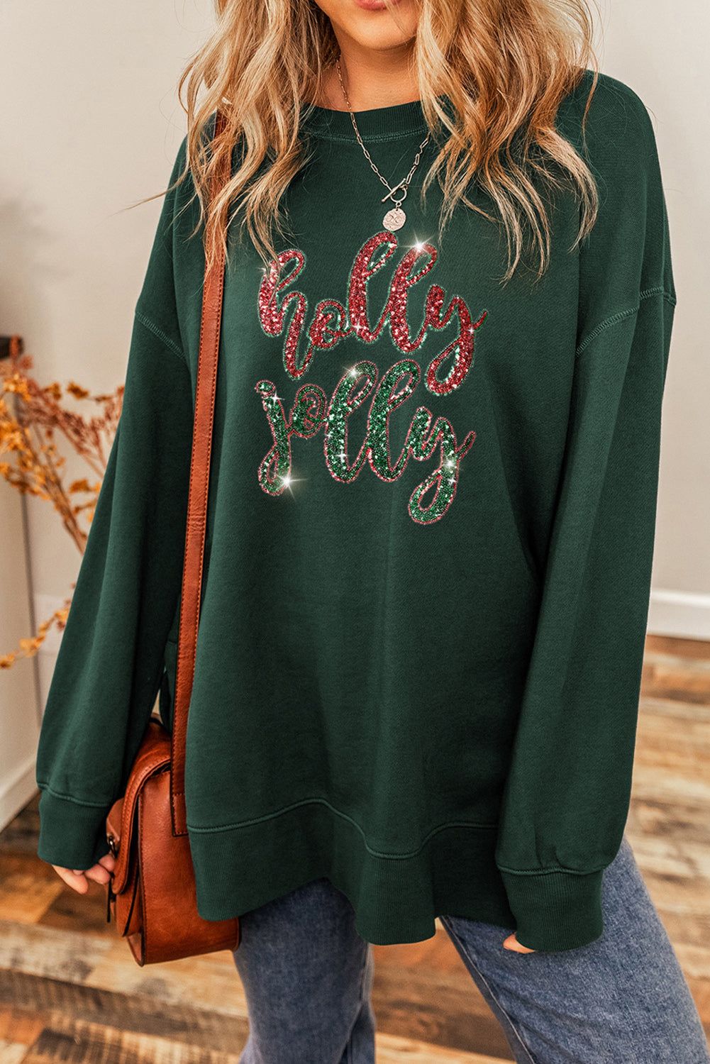 Duffel Green Holly Jolly Sparkle Pattern Drop Shoulder Sweatshirt Graphic Sweatshirts JT's Designer Fashion