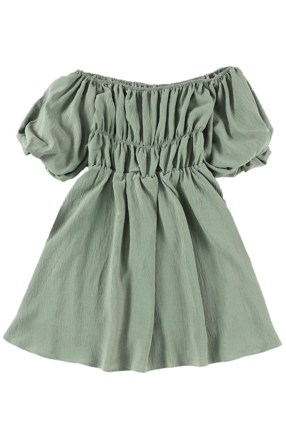 Green Shirred Bubble Sleeve Off Shoulder Babydoll Dress Mini Dresses JT's Designer Fashion