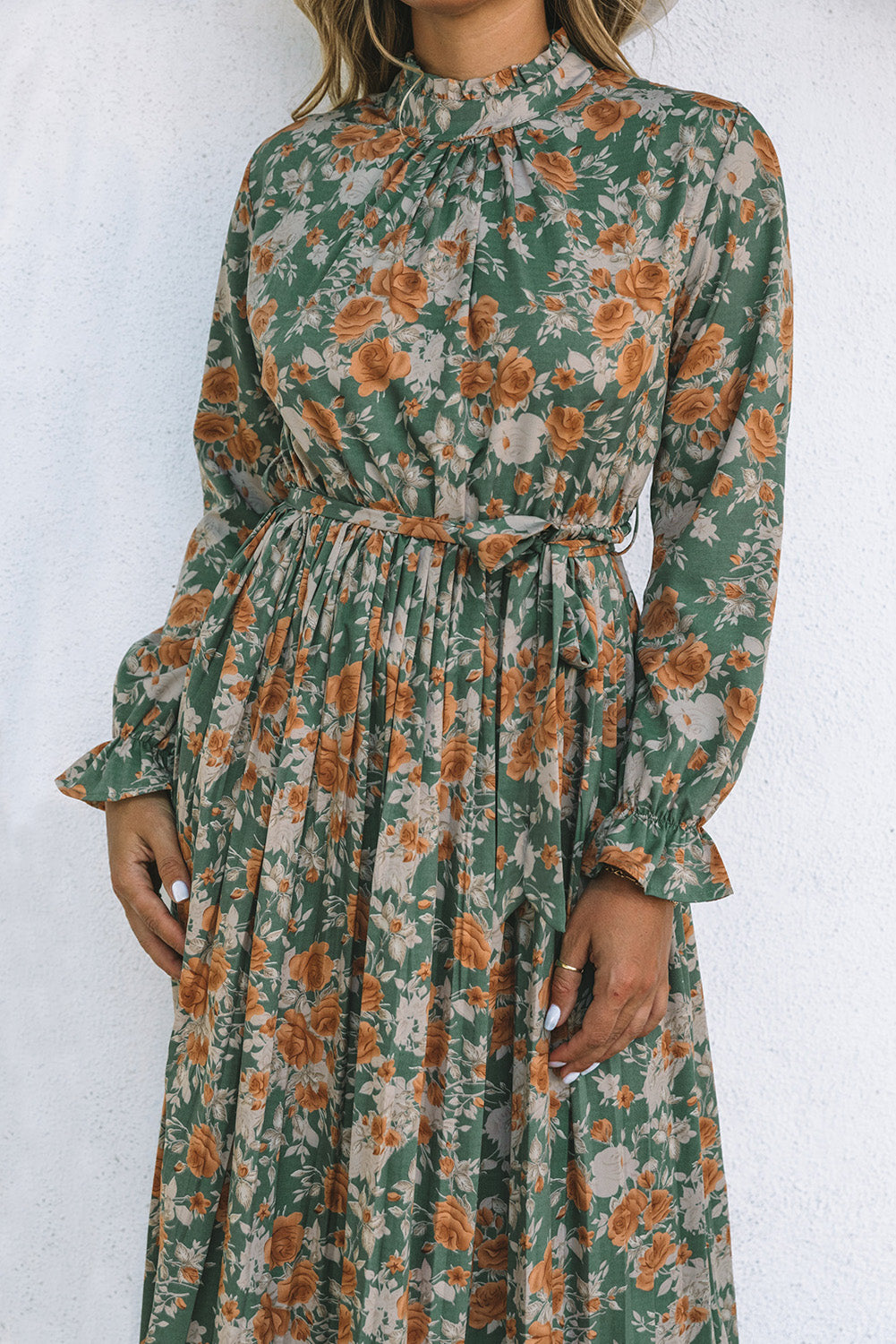 Green Pleated Long Sleeve Maxi Floral Dress with Tie Floral Dresses JT's Designer Fashion