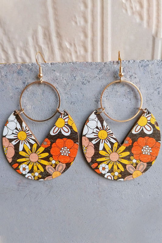 Multicolor Boho Floral Print Notch Round Wood Pendant Hook Earrings Jewelry JT's Designer Fashion