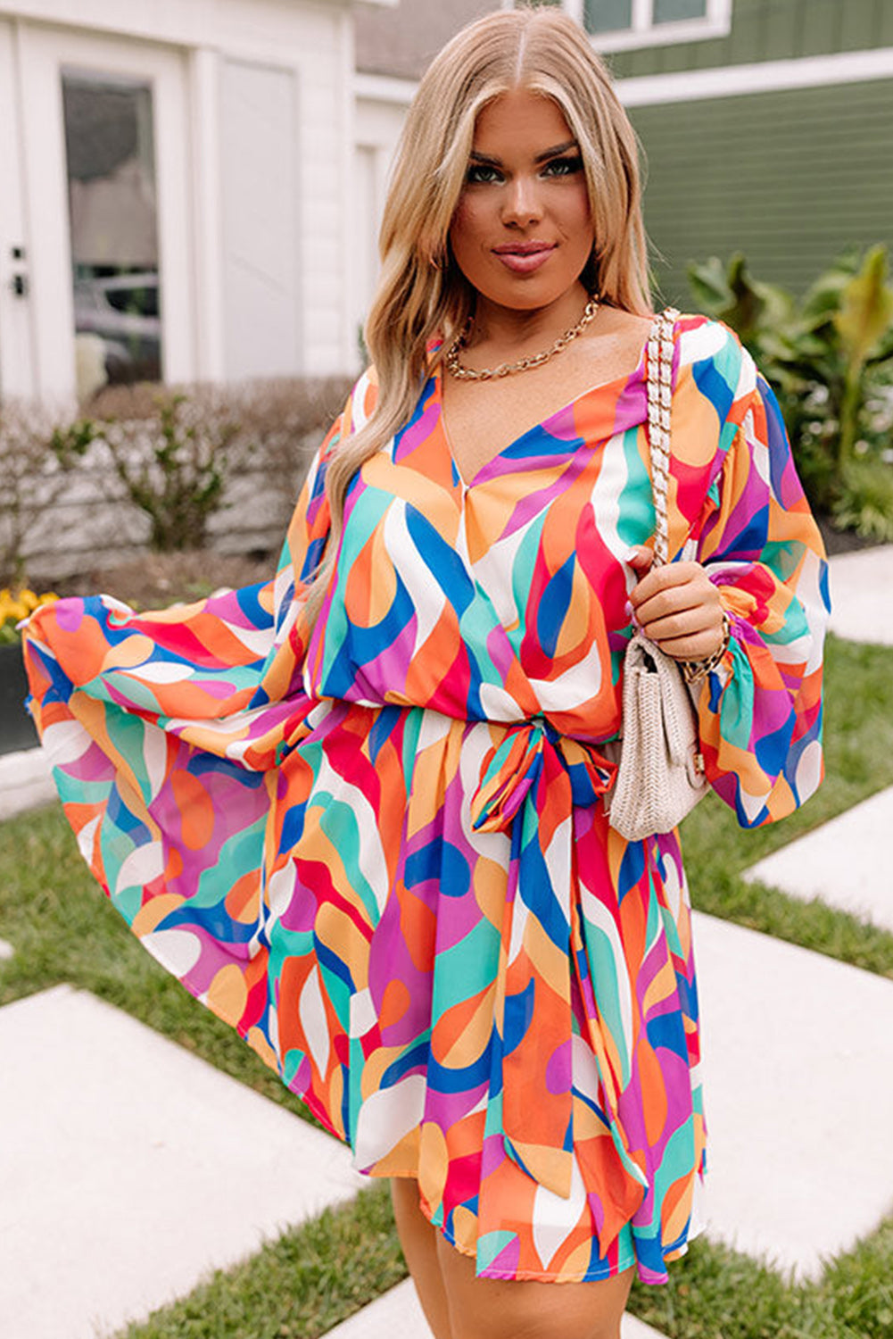 Pink Plus Size Geometric Print V Neck Balloon Sleeve Dress Plus Size JT's Designer Fashion