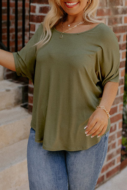 Green Plus Size Hollow-out Back Slouchy Tee Plus Size Tops JT's Designer Fashion