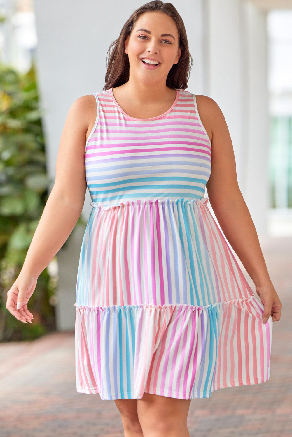 Multicolor Ombre Striped Sleeveless Tiered Plus Size Dress Plus Size Dresses JT's Designer Fashion