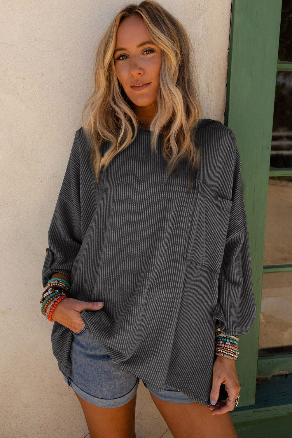 Dark Gray Ribbed Roll-tab Sleeve Chest Pocket Oversize Top Long Sleeve Tops JT's Designer Fashion