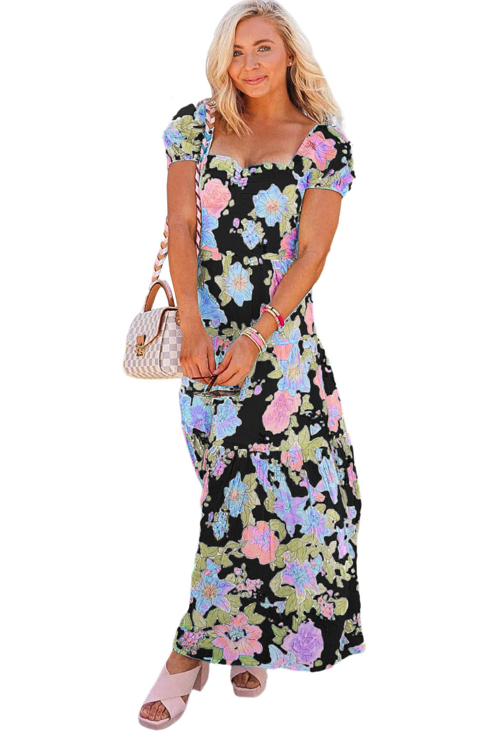 Black Multicolor Square Neck Puff Sleeve Tiered Floral Maxi Dress Dresses JT's Designer Fashion