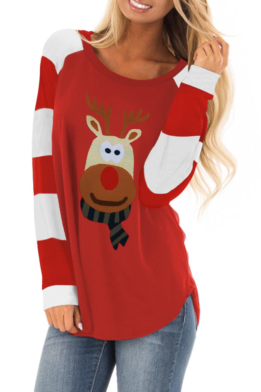 Christmas Cartoon Reindeer Color Block Sleeve Top Tops & Tees JT's Designer Fashion