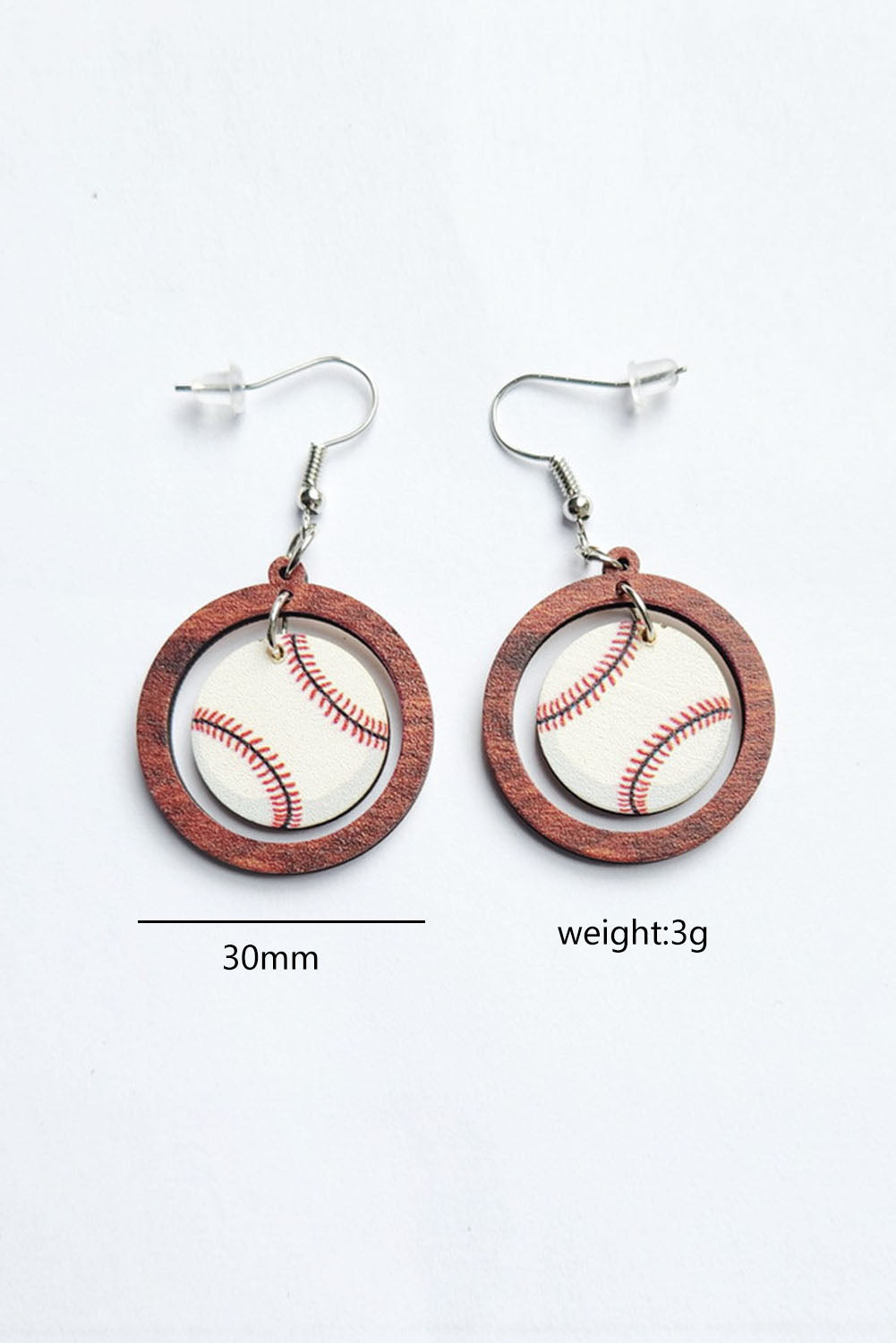 White Baseball Pattern Wood Round Drop Earrings Jewelry JT's Designer Fashion