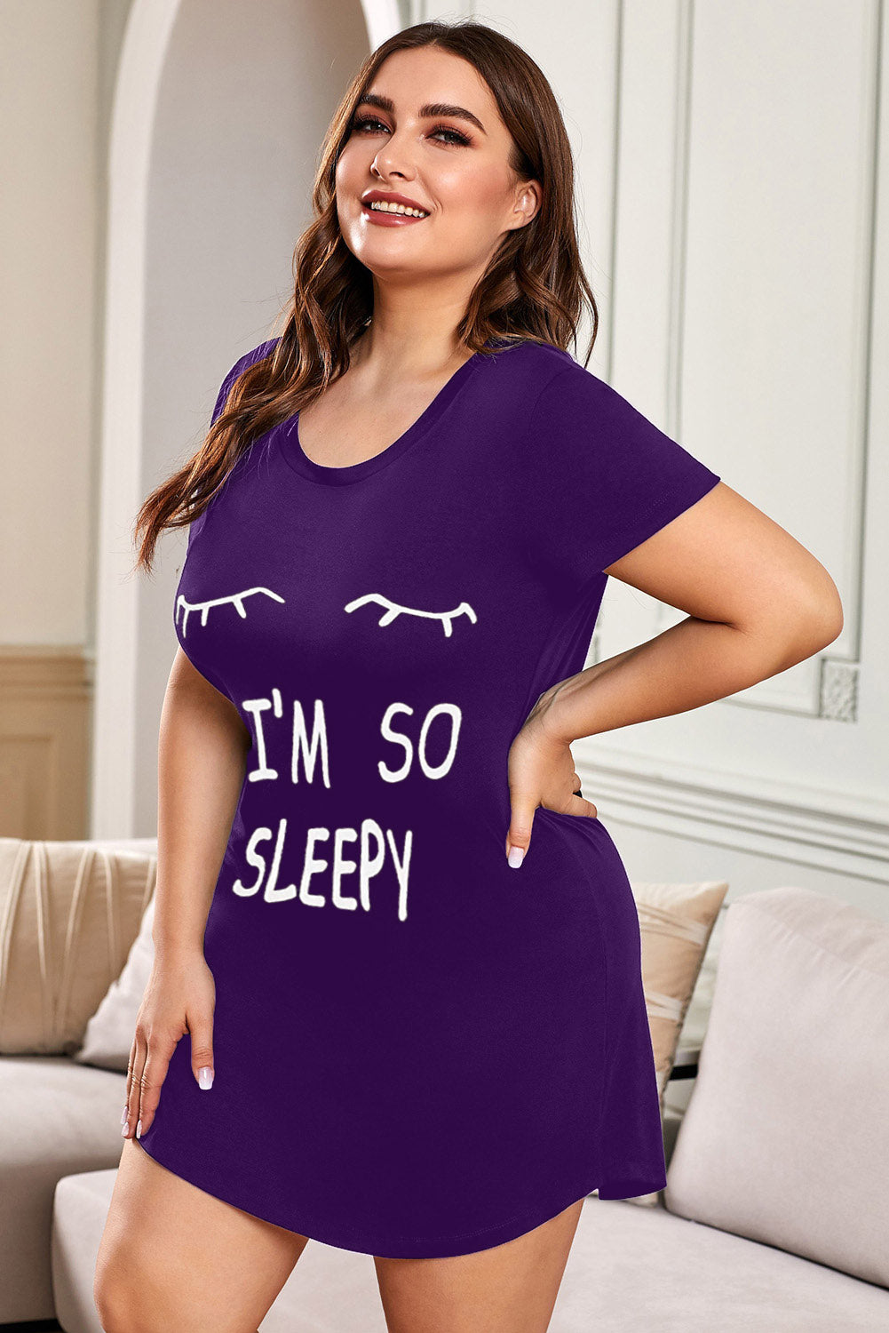 Purple Plus size LET ME SLEEP Graphic Print Black Nightwear Mini Dress Plus Size Dresses JT's Designer Fashion