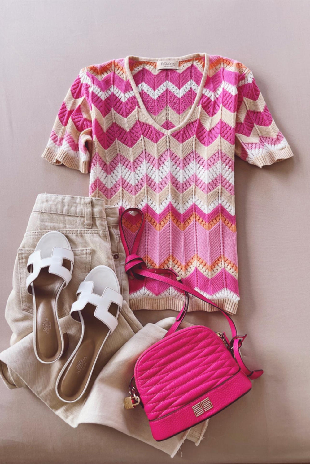 Pink Stripe Chevron Pointelle Knit V Neck Short Sleeve Sweater Pre Order Sweaters & Cardigans JT's Designer Fashion