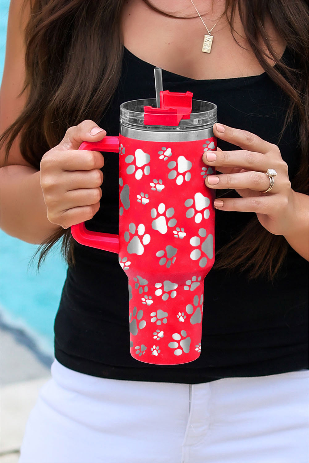 Red 40oz Cat Paw Print 304 Stainless Steel Thermos Cup Tumblers JT's Designer Fashion